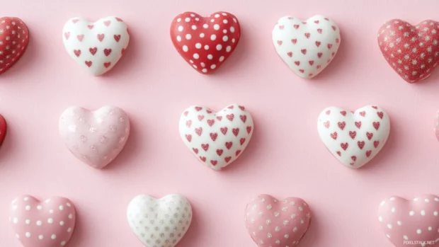 Aesthetic pink pastel background with cute heart patterns and soft sparkles.