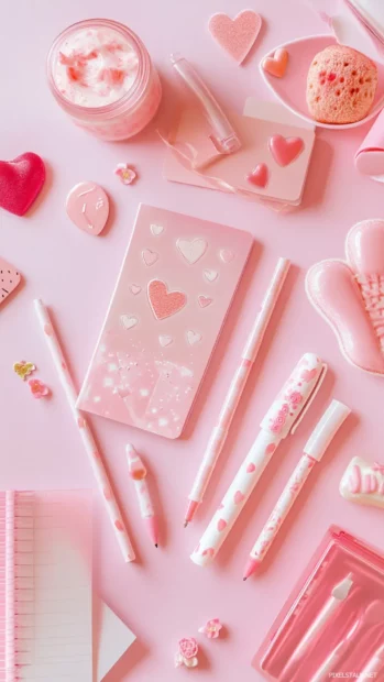 Aesthetic pink stationery set with cute pens, stickers, and notebooks.
