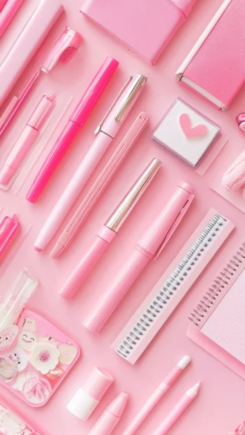 Aesthetic pink stationery set with cute pens, stickers, and notebooks.