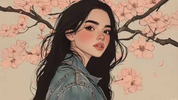 Aesthetic portrait of a girl standing under cherry blossom trees in spring, soft pastel tones.
