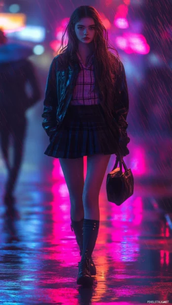 Aesthetic schoolgirl walking in rainy streets.