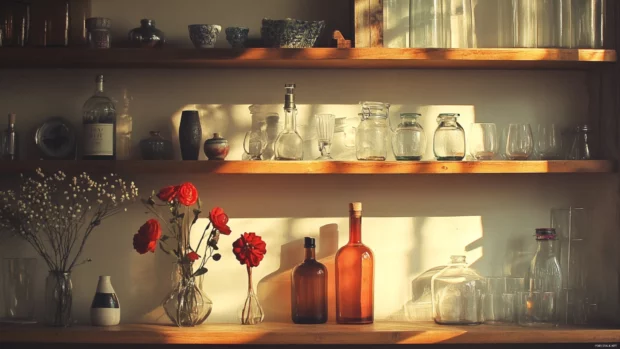 Aesthetic shelf decor, aesthetic composition, soft lighting.