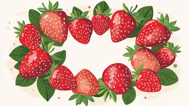 Aesthetic strawberry pattern with whole, sliced strawberries, and leaves on cream background.