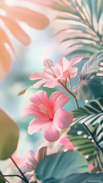 Aesthetic summer charm captured through delicate tropical elements and pastel overlays, offering a light, refreshing look.