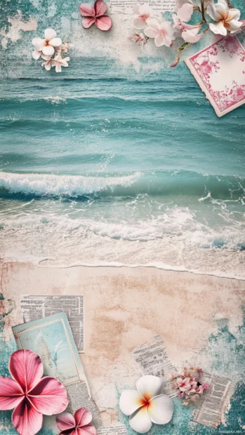 Aesthetic summer tiles with vintage summer postcards, floral patterns, and sandy beach textures.