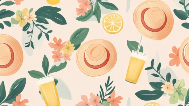 Aesthetic summer wallpapers with sun hats, floral aesthetic, and lemonade glasses in a playful pattern style.