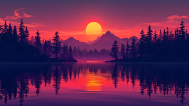 Aesthetic sunset wallpaper, Aesthetic Pretty Sunset over calm lake surface.