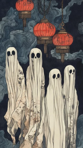 Aesthetic tile loop of ghost friends wrapped in long scarves under vintage lamps.