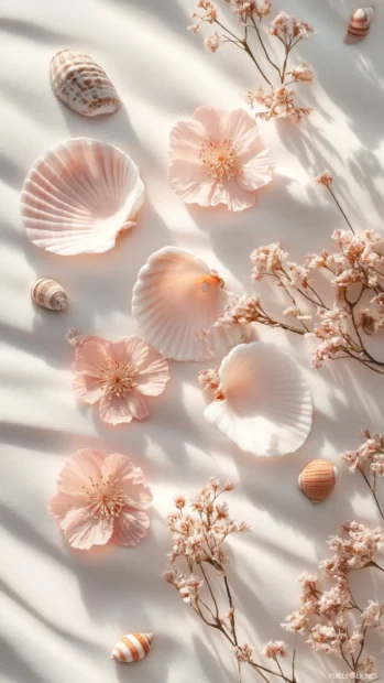 Aesthetic touches of pale pink flowers, minimal sunbursts, and tiny seashells layered over soft sand tones.