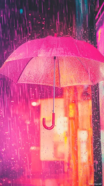 Aesthetic umbrella scene under pink rain.
