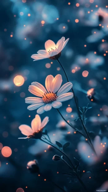 Aesthetic wallpapers for girls style featuring dreamy night lights and daisy petals.