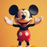 Against a pastel orange backdrop, Cute Mickey Mouse waves both hands happily.