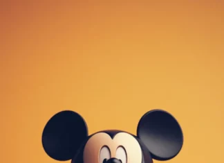 Against a pastel orange backdrop, Cute Mickey Mouse waves both hands happily.
