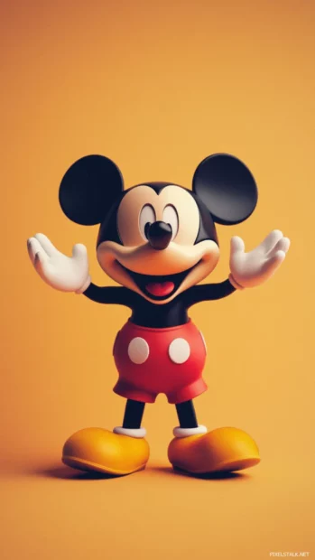 Against a pastel orange backdrop, Cute Mickey Mouse waves both hands happily.