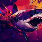 Aggressive shark wallpaper in digital painting style for high res screens.