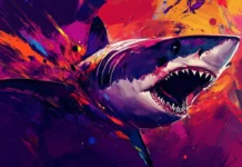 Aggressive shark wallpaper in digital painting style for high res screens.