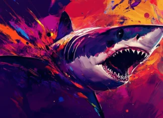 Aggressive shark wallpaper in digital painting style for high res screens.