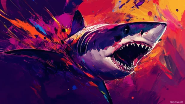 Aggressive shark wallpaper in digital painting style for high res screens.