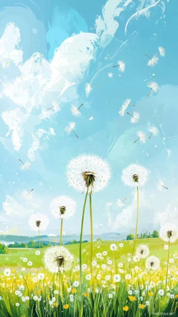 Airy summer wallpapers showing light dandelions drifting in the wind.