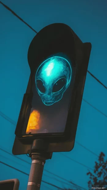 Alien face painted in translucent graffiti hovering over traffic light.