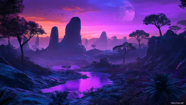 Alien landscape at twilight with eerie purple glow, suitable for users of Dark PC Wallpapers.