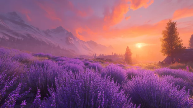 Alpine meadows covered in lavender sunrise hues, Clean and Elegant style.