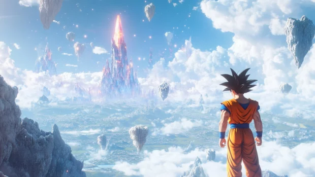 Amidst a sky of floating crystals, Goku glides gently toward an enemys aura.