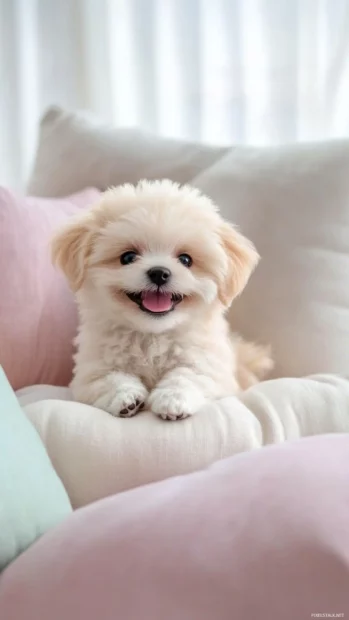 Among pastel pillows, a small cute puppy smiles sweetly, matching well with kawaii dog wallpaper ideas.