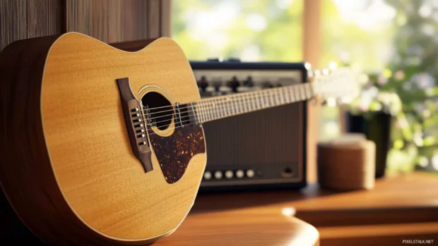 Amplifier buzzing softly behind a country guitar.
