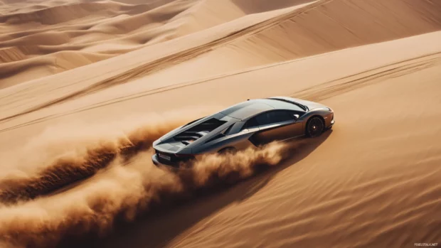 An Aventador speeds through sand dunes leaving a trail of dust behind.