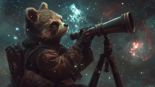An Ewok looking curiously at the galaxy through a telescope.
