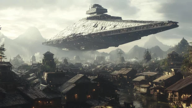 An Imperial Star Destroyer looming over a quiet village.