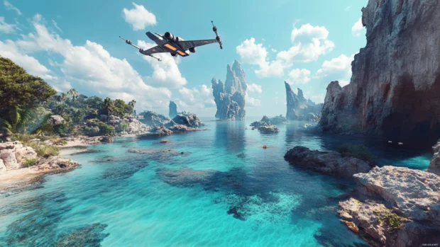 An X Wing mid flight over a serene ocean world.