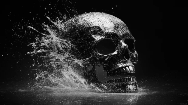 An abstract black skull with splashes of silver paint, fragmented in a modern, broken style, on a minimalist dark background.