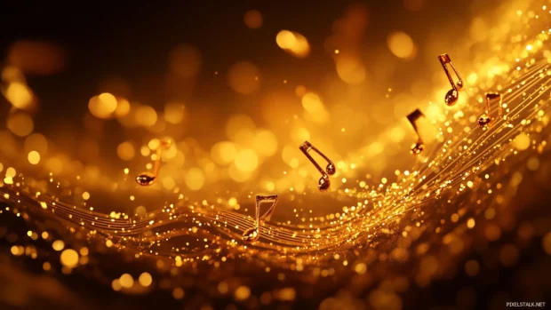 An abstract composition of golden music notes swirling in the air against a soft bokeh backdrop, illuminated by warm, ambient lighting.