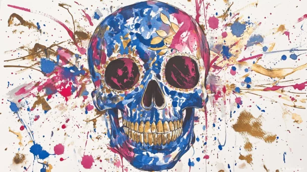 An abstract sugar skull in watercolor style, with splashes of blue, pink, and gold, adorned with floral and leaf patterns.