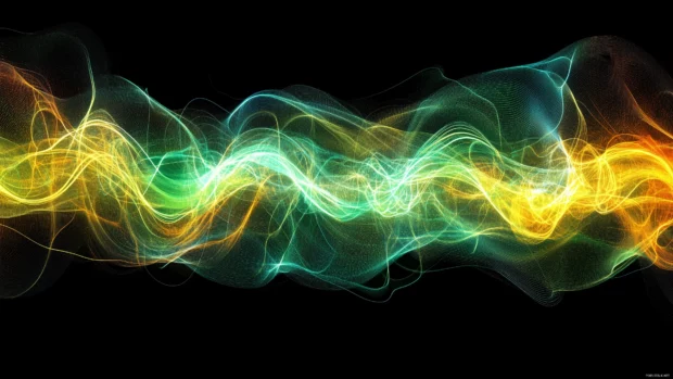 An abstract wave of neon lights with intricate curves and radiant reflections.