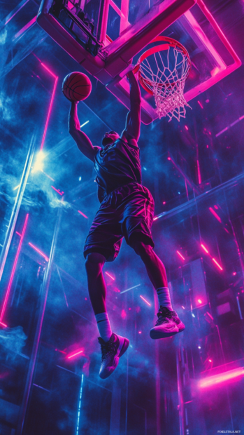 An action shot of a player dunking under neon lights, perfect for cool basketball lock screen wallpaper.