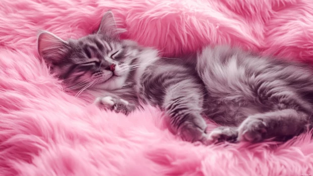 An adorable kitten sleeping on a fluffy pink pillow with soft lighting.