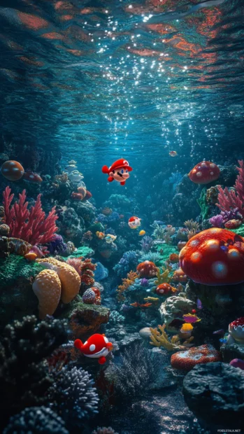 An aesthetic Mario wallpaper iPhone, portraying a serene underwater level with Cheep Cheeps swimming amongst coral.