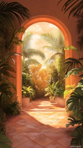 An airy summer with minimal palm silhouettes and sunset glow.