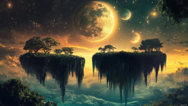 An alien planet with floating islands under a twin moon sky.