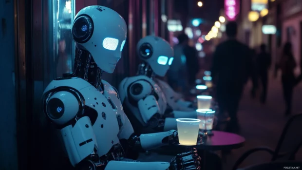 An android caf where patrons are humanoid robots serving glowing.