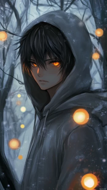 An anime boy in a hooded sweatshirt, surrounded by a foggy forest, with glowing orbs floating in the mystical air around him.
