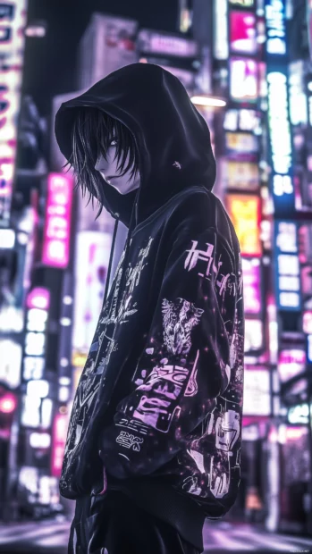 An anime boy in a hoodie with futuristic designs, standing against a cyberpunk cityscape filled with holograms and glowing advertisements.