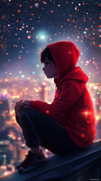 An anime boy in a red hoodie, sitting on a rooftop under a starry sky, with the city lights shimmering in the background .