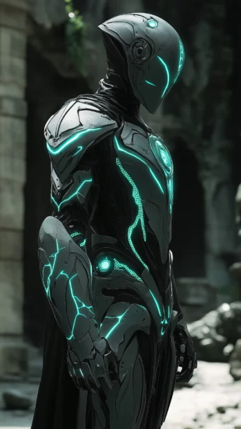 An anime boy wearing futuristic armor, with glowing blue lines, standing heroically amidst a sci fi battlefield.