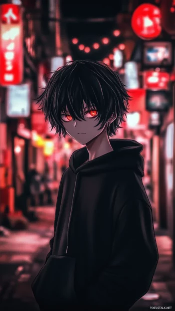 An anime boy with a sleek black hoodie, standing in a neon lit urban alley, his piercing eyes glowing softly against the vibrant cityscape.