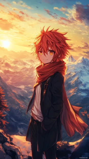 An anime boy with fiery red hair, a confident smirk, and a long scarf blowing in the wind, standing on a mountain peak with a sunrise behind him.