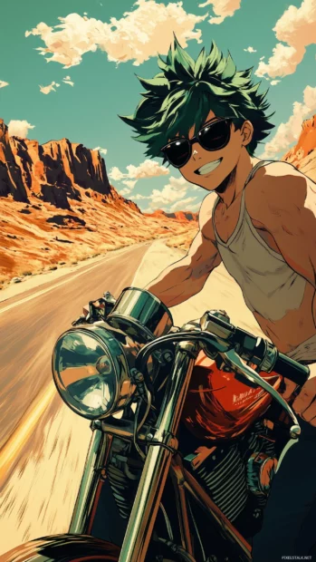 An anime boy with green spiky hair, sunglasses, and a tank top, standing beside a roaring motorcycle on a desert highway.